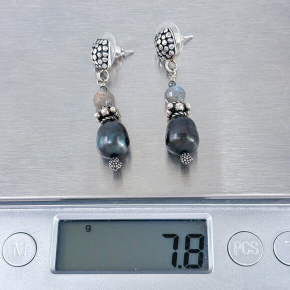 Estate Sterling Silver 925 Pebble Square Black Pearl Labradorite Drop Earrings - Picture 8 of 8